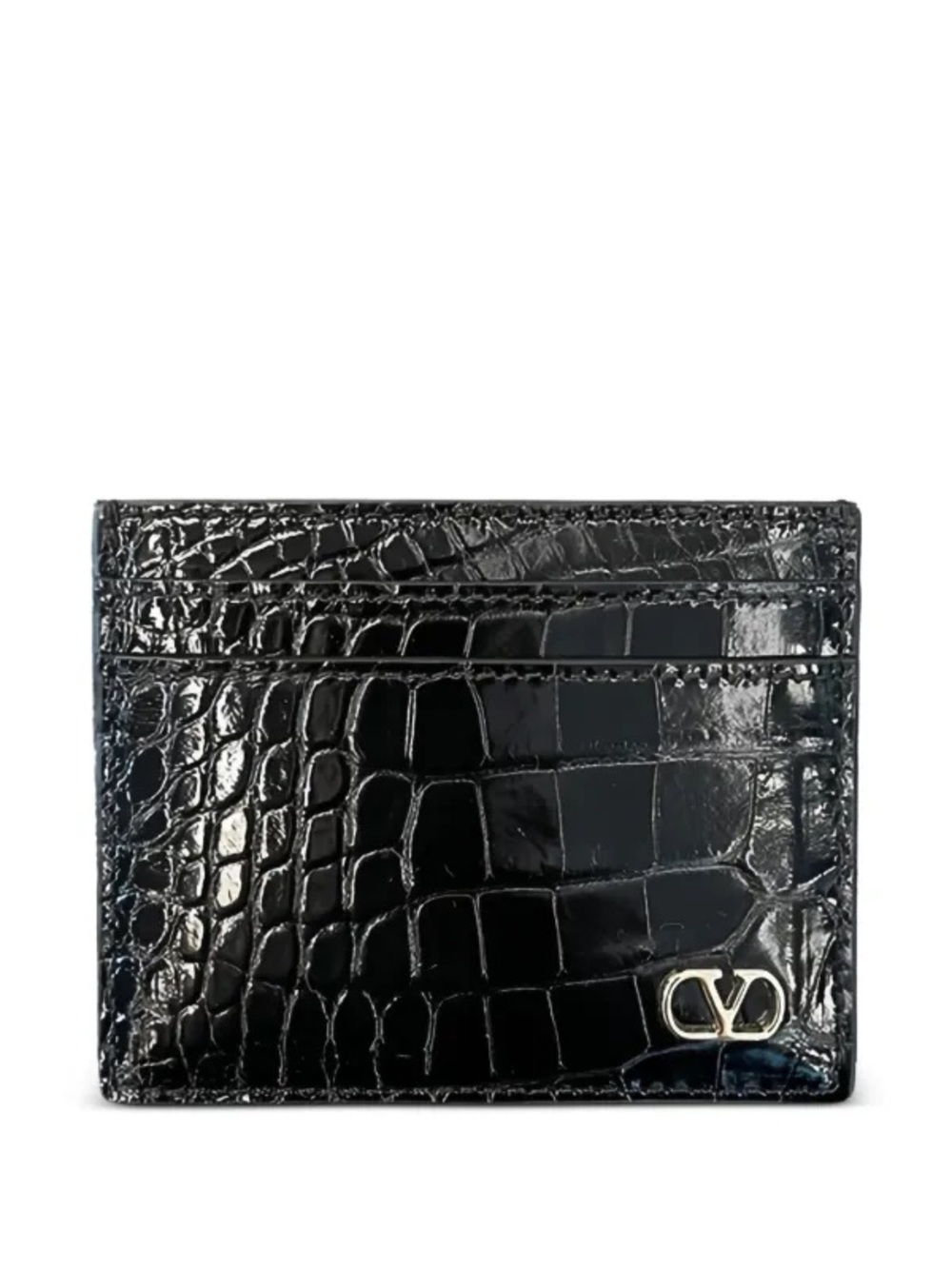Valentino Black Croc-Embossed Patent Card Case with Silver 'V' Accent
